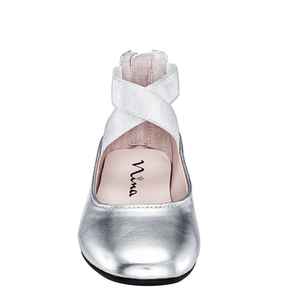 Girls Marissa silver metallic zip back ballet flats | Nina Shoes