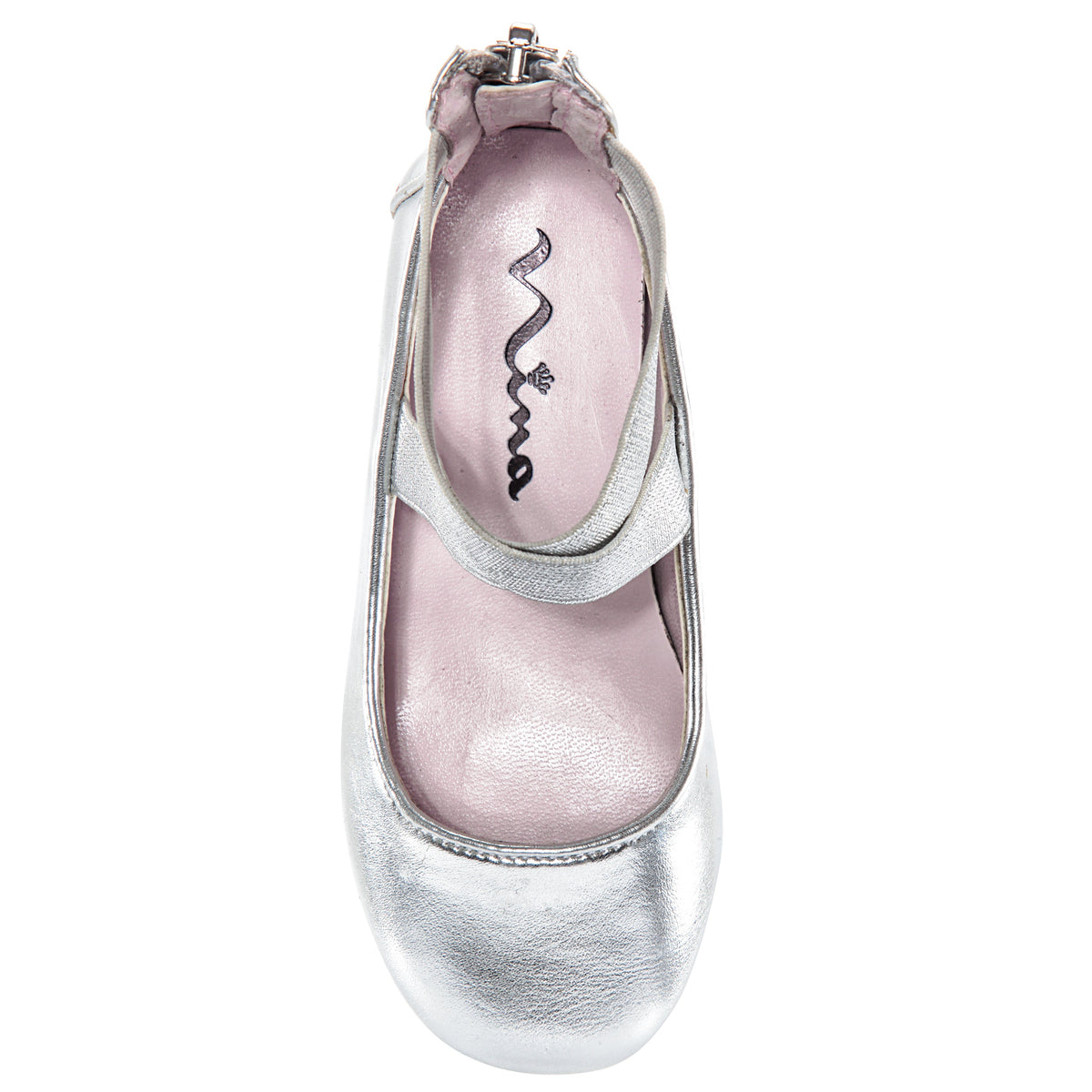 Girls Marissa silver metallic zip back ballet flats | Nina Shoes