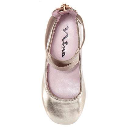 Girls Marissa platino metallic zip back ballet flats | Nina Shoes