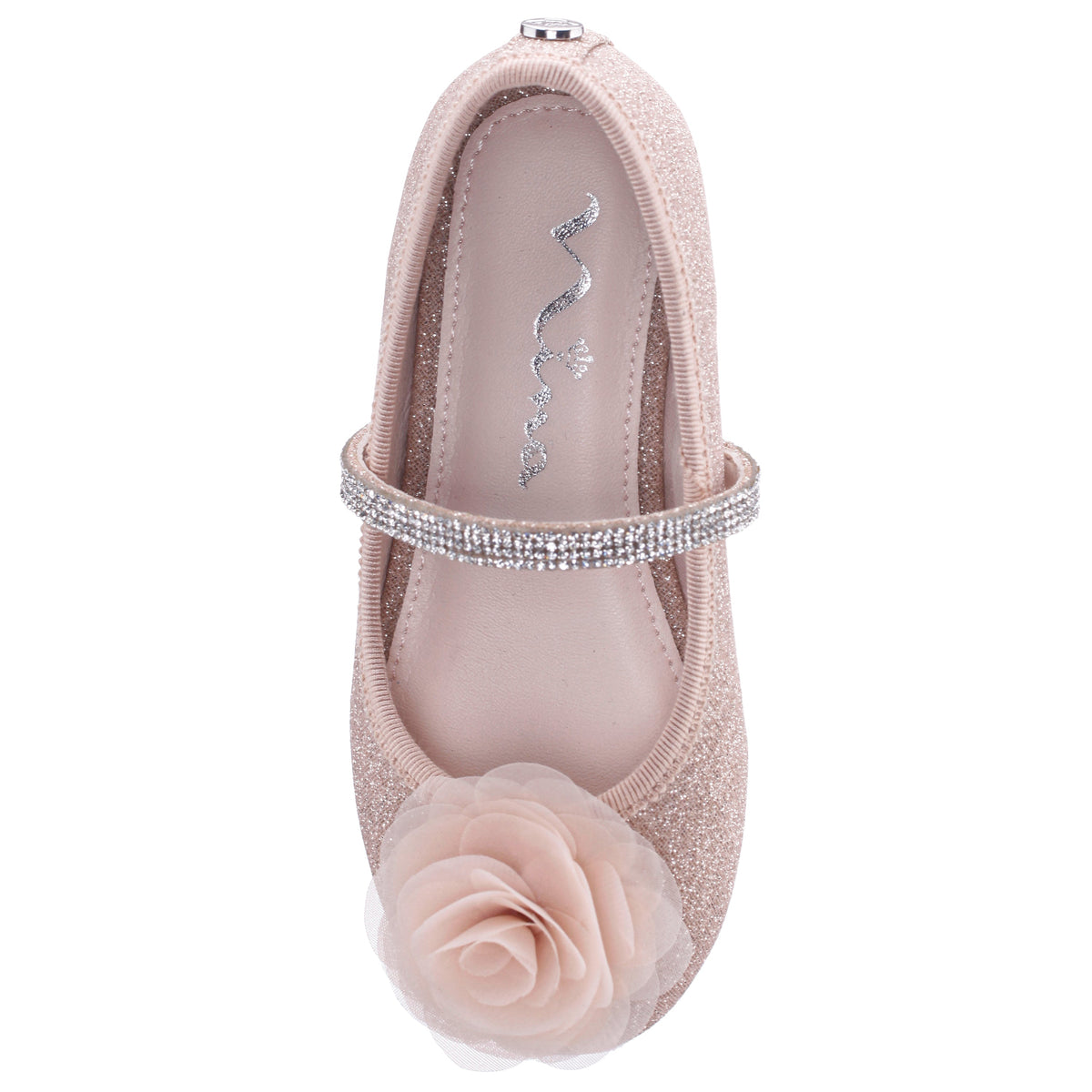 Girls Jory Beige Shimmer Flower Ballet Flats | Nina Shoes