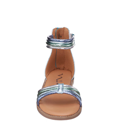 Girls Brianna Blue Crinkle Metallic Back Zip Sandals | Nina Shoes