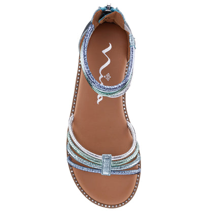 Girls Brianna Blue Crinkle Metallic Back Zip Sandals | Nina Shoes