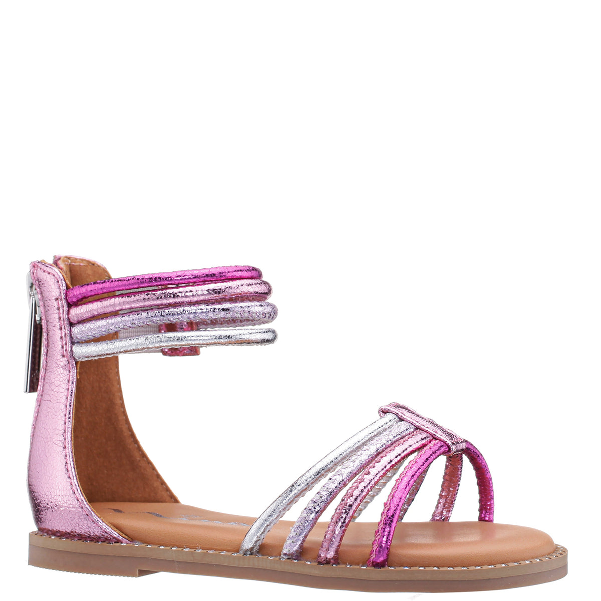 Girls Brianna Pink Crinkle Metallic Back Zip Sandals | Nina Shoes