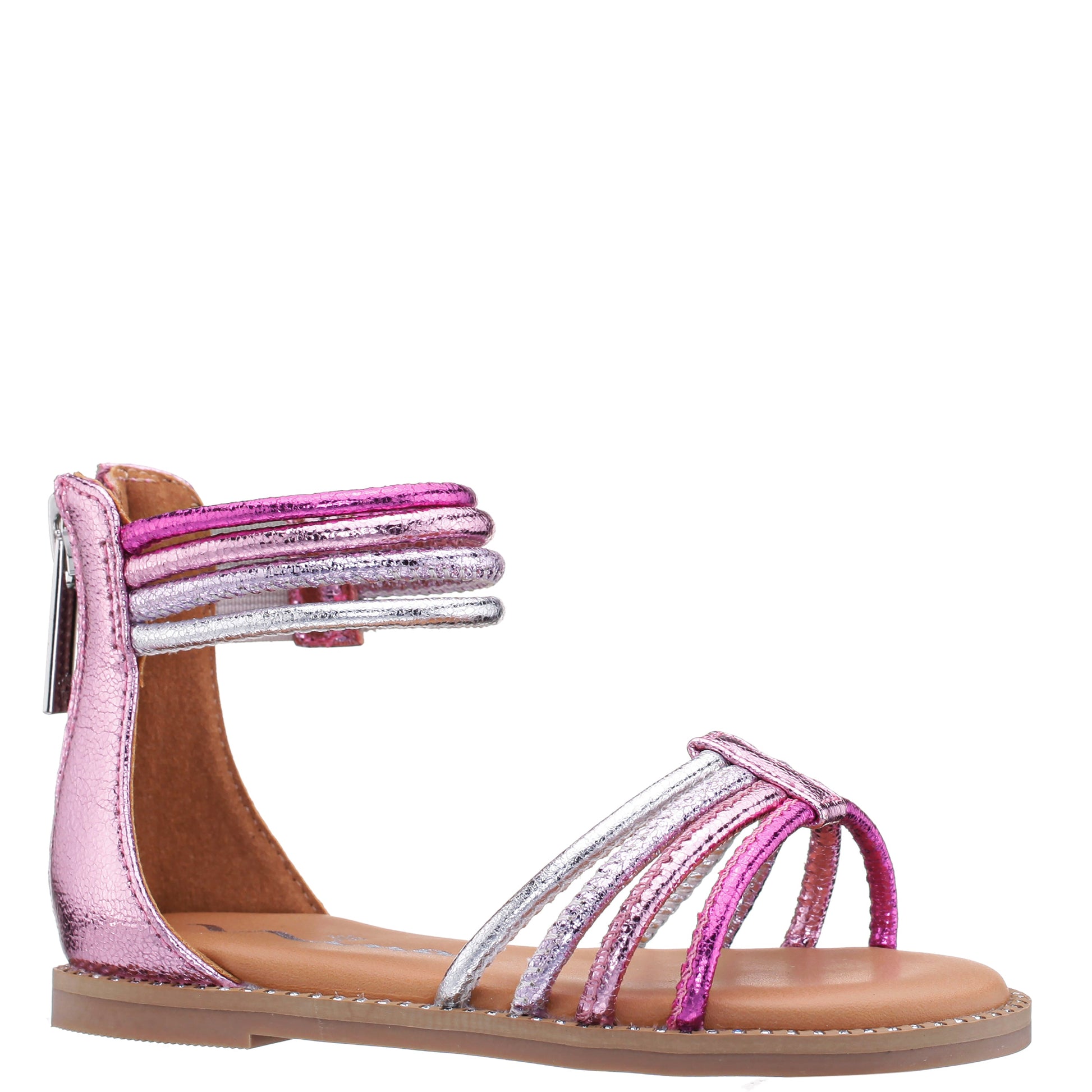 Girls Brianna Pink Crinkle Metallic Back Zip Sandals | Nina Shoes