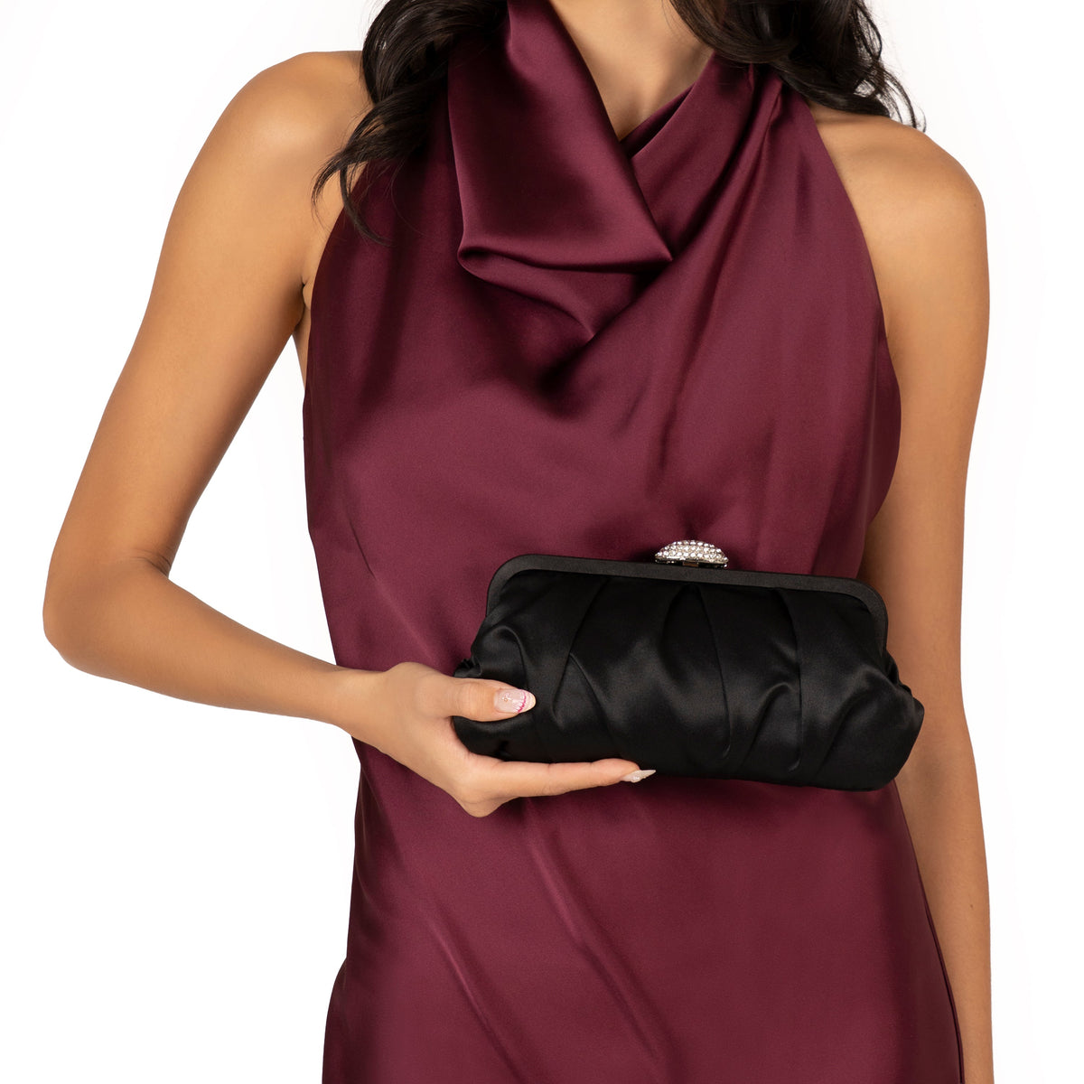 Concord Black Pleated Frame Clutch With Crystal Clasp | Nina Shoes