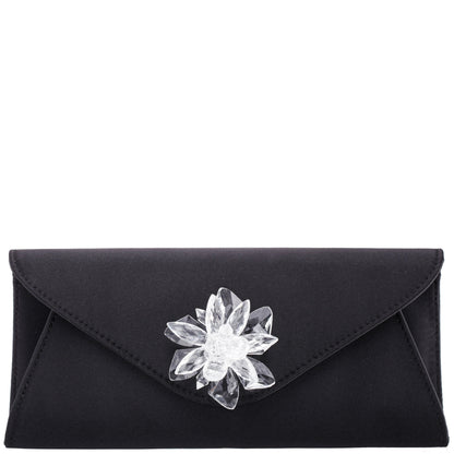 Twila Black Satin/Glass Crystal Envelope Clutch | Nina Shoes