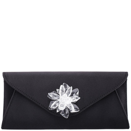 Twila Black Satin/Glass Crystal Envelope Clutch | Nina Shoes