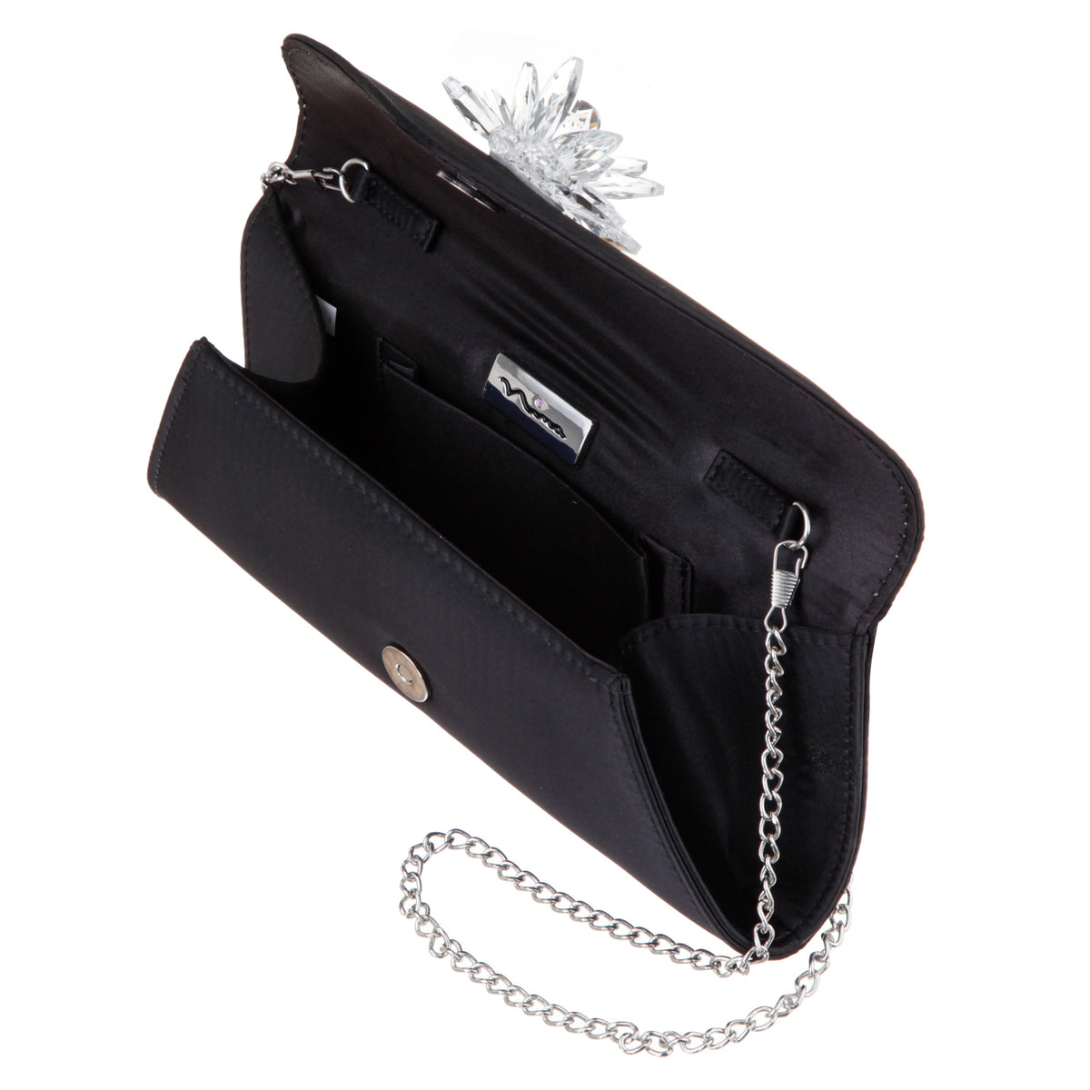 Twila Black Satin/Glass Crystal Envelope Clutch | Nina Shoes