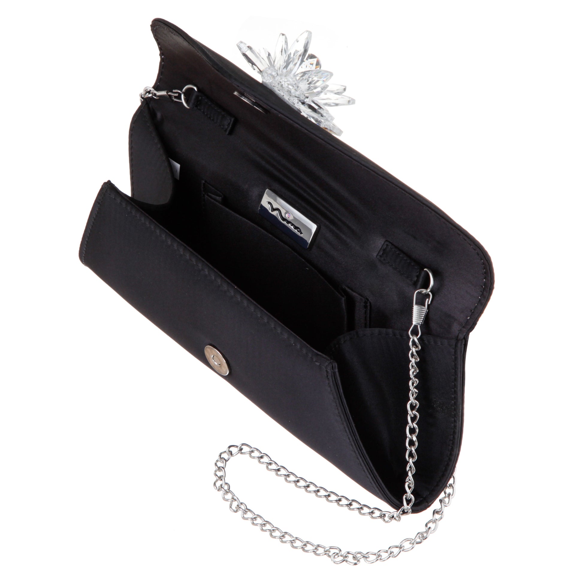 Twila Black Satin/Glass Crystal Envelope Clutch | Nina Shoes