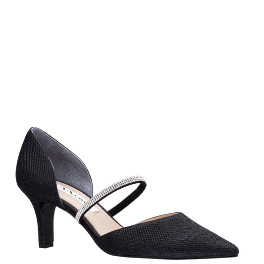 Brystol Black Textured Metallic with Crystal Band Mid-Heel D'Orsay Pumps | Nina Shoes
