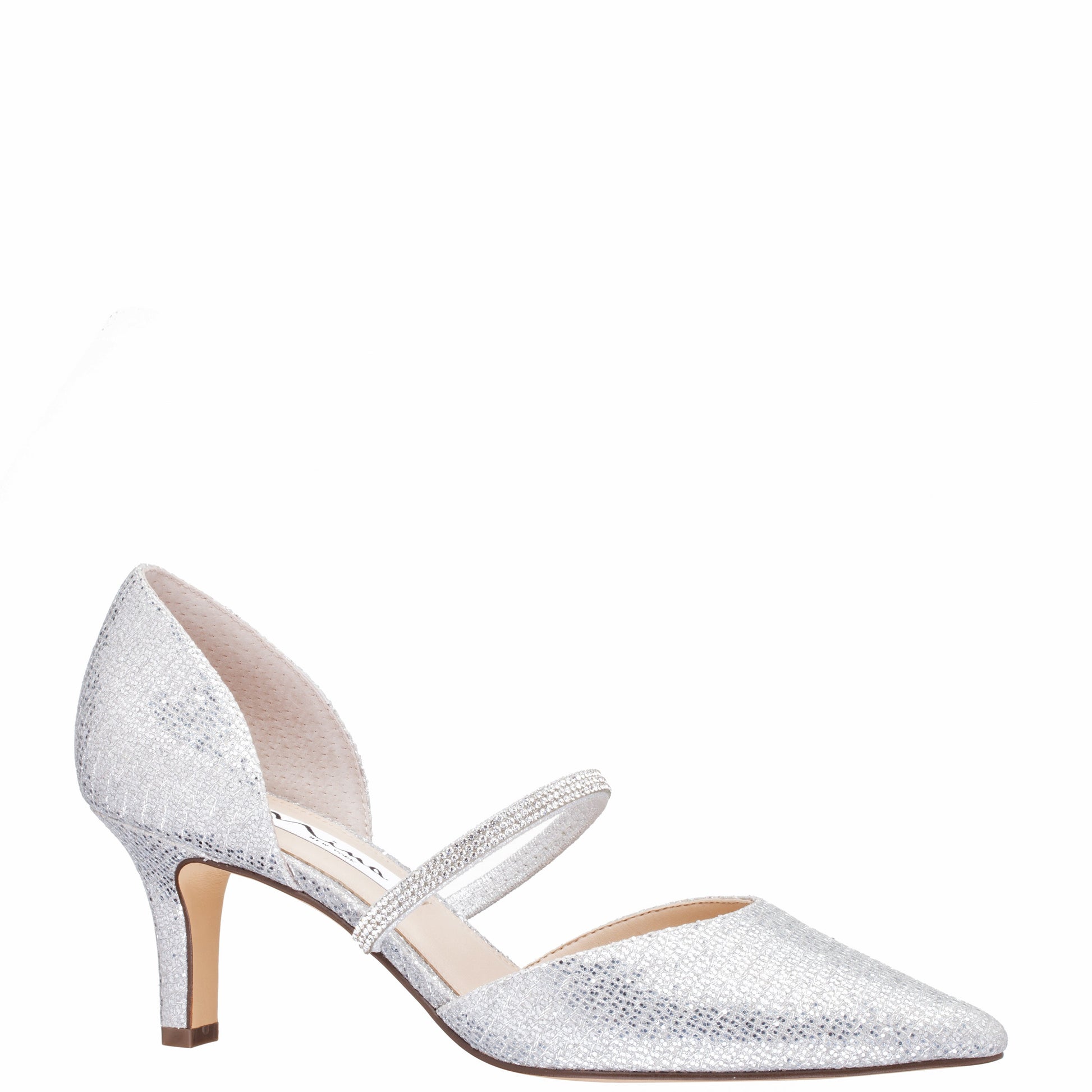 Brystol Silver Glitter Mesh with Crystal Band Mid-Heel D'Orsay Pumps | Nina Shoes