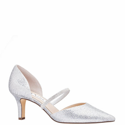 Brystol Silver Glitter Mesh with Crystal Band Mid-Heel D'Orsay Pumps | Nina Shoes