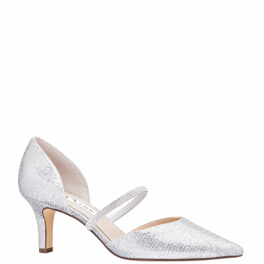Brystol Silver Glitter Mesh with Crystal Band Mid-Heel D'Orsay Pumps | Nina Shoes