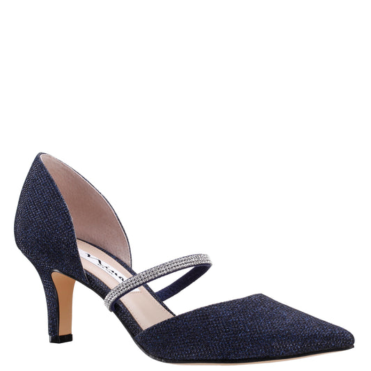 Brystol Blue Textured Metallic with Crystal Band Mid-Heel D'Orsay Pumps | Nina Shoes
