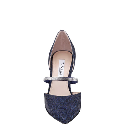 Brystol Blue Textured Metallic with Crystal Band Mid-Heel D'Orsay Pumps | Nina Shoes