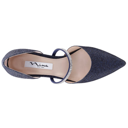 Brystol Blue Textured Metallic with Crystal Band Mid-Heel D'Orsay Pumps | Nina Shoes