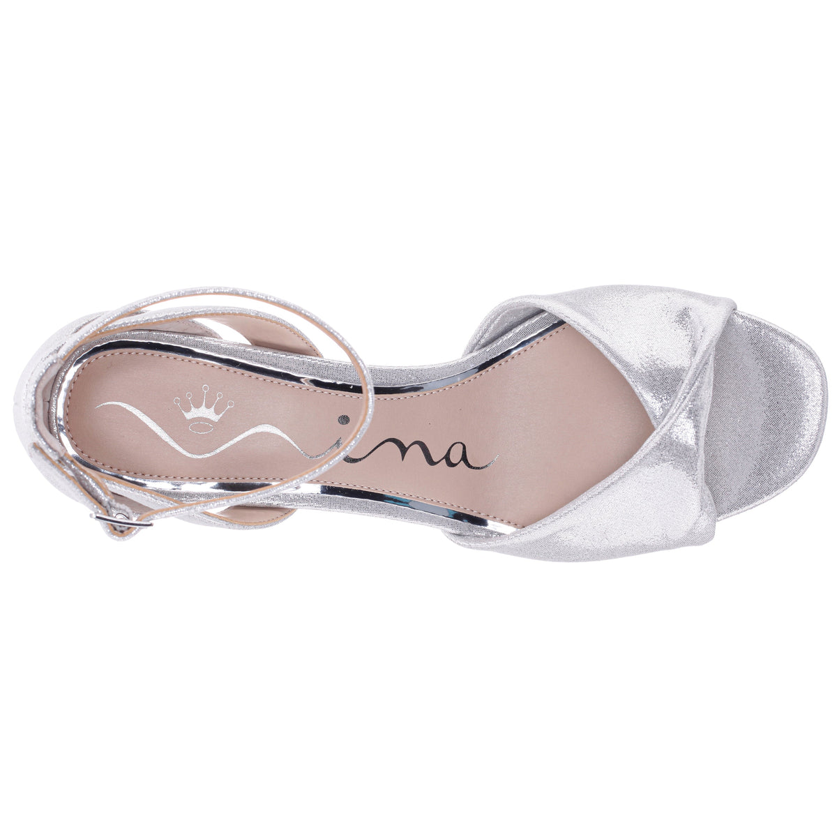 Briza Silver Metallic Suedette Mid-Heel Platform Sandals with Ankle-Strap | Nina Shoes