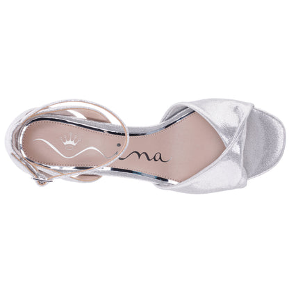 Briza Silver Metallic Suedette Mid-Heel Platform Sandals with Ankle-Strap | Nina Shoes