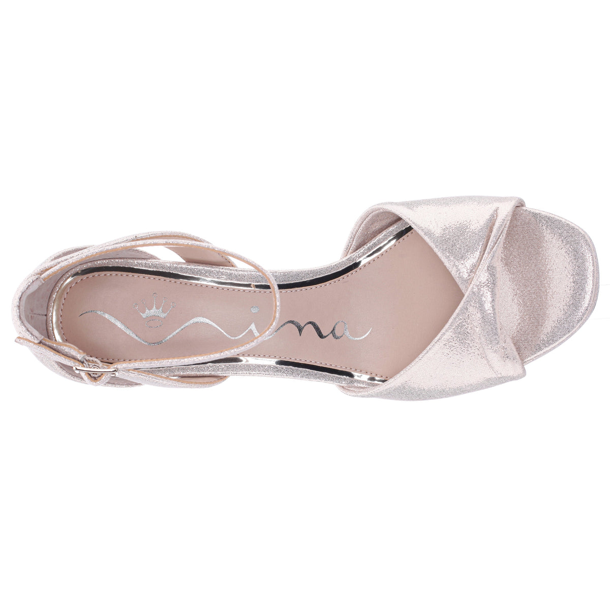 Briza Platino Metallic Suedette Mid-Heel Platform Sandals with Ankle-Strap | Nina Shoes